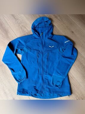 SALEWA Men Hooded Rain Jacket Windbreaker USA Small Blue Softshell Polyamide